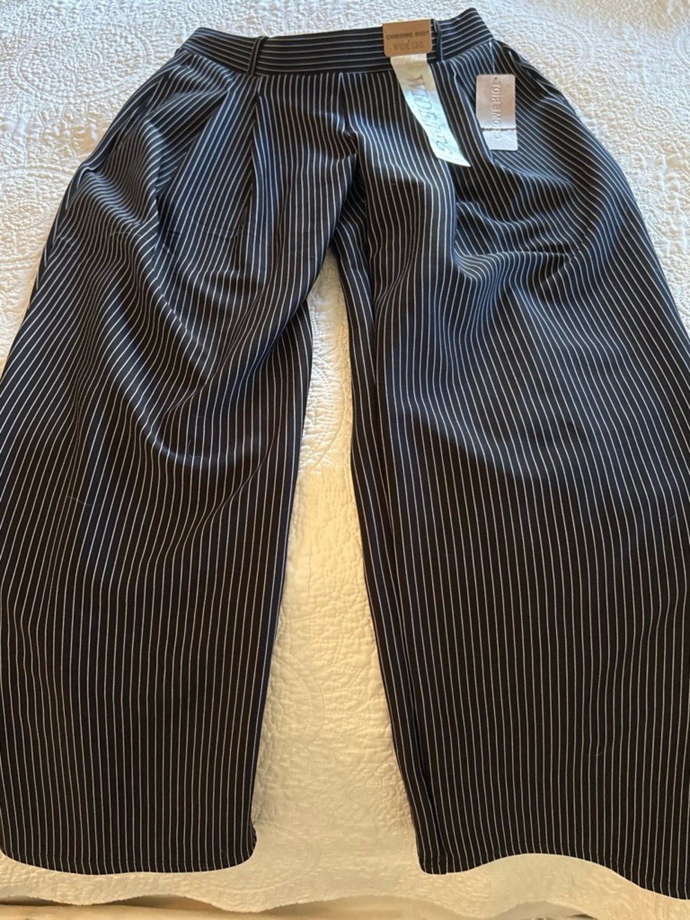 Women’s Pinstripe Wide-Leg Pants - Black with White Stripes